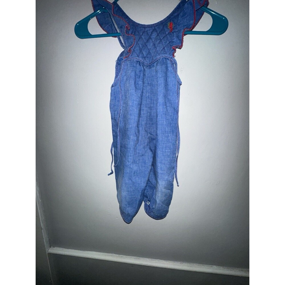 Vtg Evy Of California 24M Infant Girls One Piece Snap Blue Ruffled Overalls